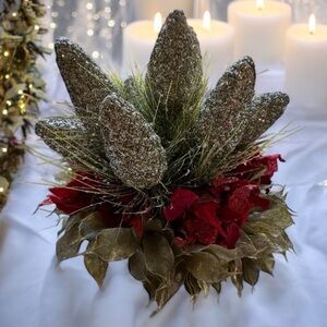 Elegant Glitter Pinecone and Red Floral Arrangement